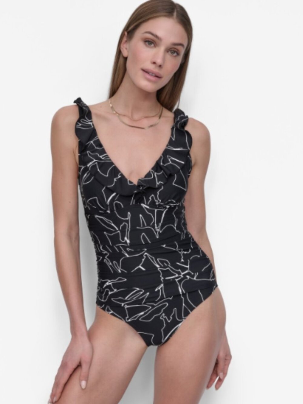 Dkny Ruffle Underwire Tummy Control One-Piece Swimsuit Black Size L 11954